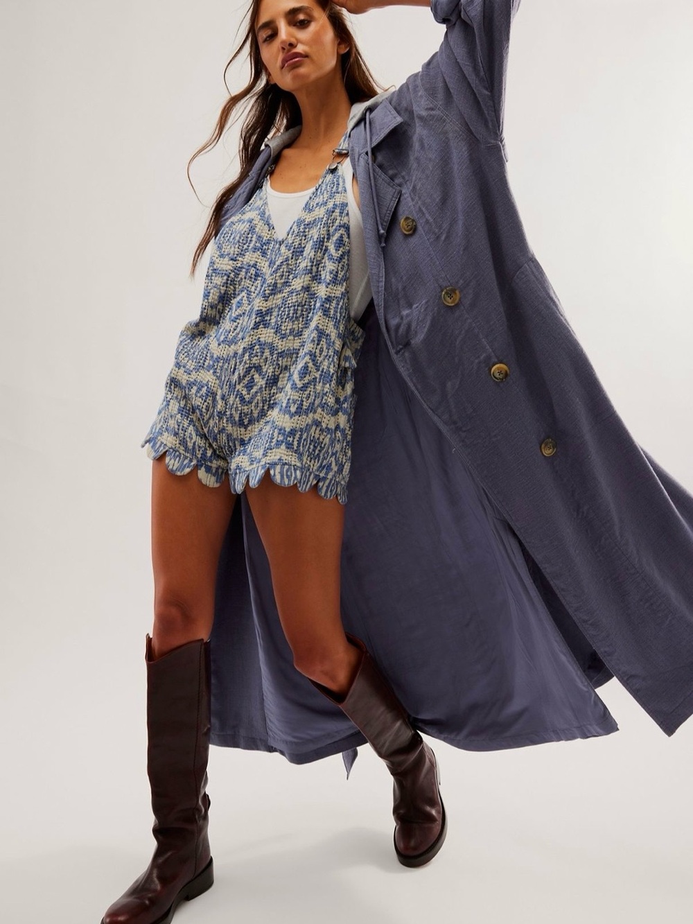 Free People Dusty Slate Blue Long Trench Coat